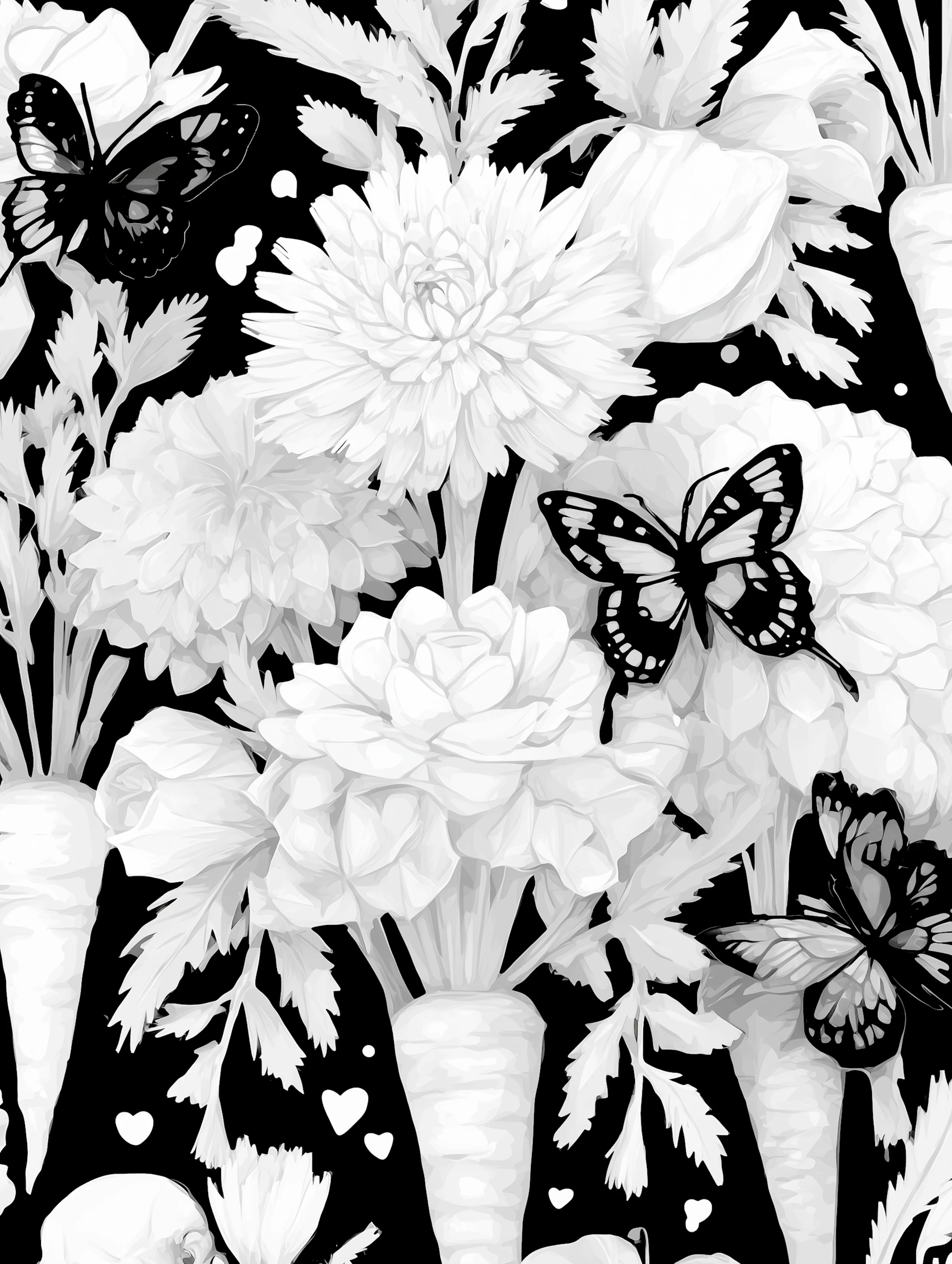 Free printable carrot coloring page for adults featuring a monochrome coloring page with butterflies and carrots